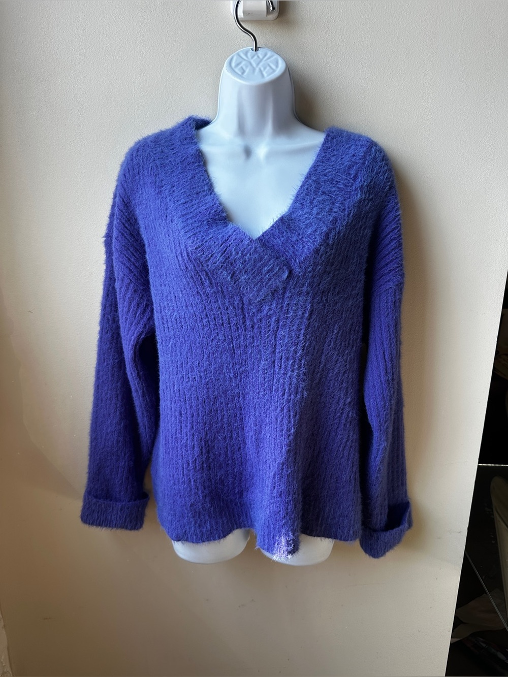 Purple Fuzzy V Neck Sweater Fluffy Eyelash Knit Soft Cozy Pullover Long Sleeve